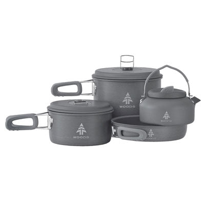 key features Woods Selkirk Anodized 4-pc Camping Cook Set