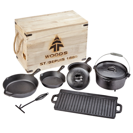 key features Woods Heritage Cast Iron Camping Cook Set with Crate - 8 Pieces
