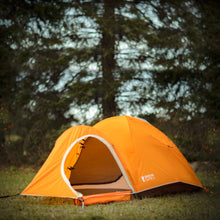 Load image into Gallery viewer, Fully built Woods Pinnacle Lightweight 2-Person 4-Season Tent with door open on campground