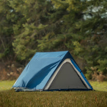 Load image into Gallery viewer, Fully built Woods A-frame 3-person 3-season tent in Blue on grass from the back