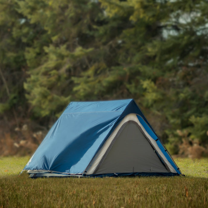 Fully built Woods A-frame 3-person 3-season tent in Blue on grass from the back