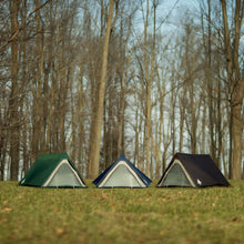 Load image into Gallery viewer, Three fully built Woods A-Frame 3-Person 3-Season Tents in Green, Blue, and Brown