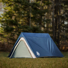 Load image into Gallery viewer, Fully built Woods A-frame 3-person 3-season tent in Blue on grass