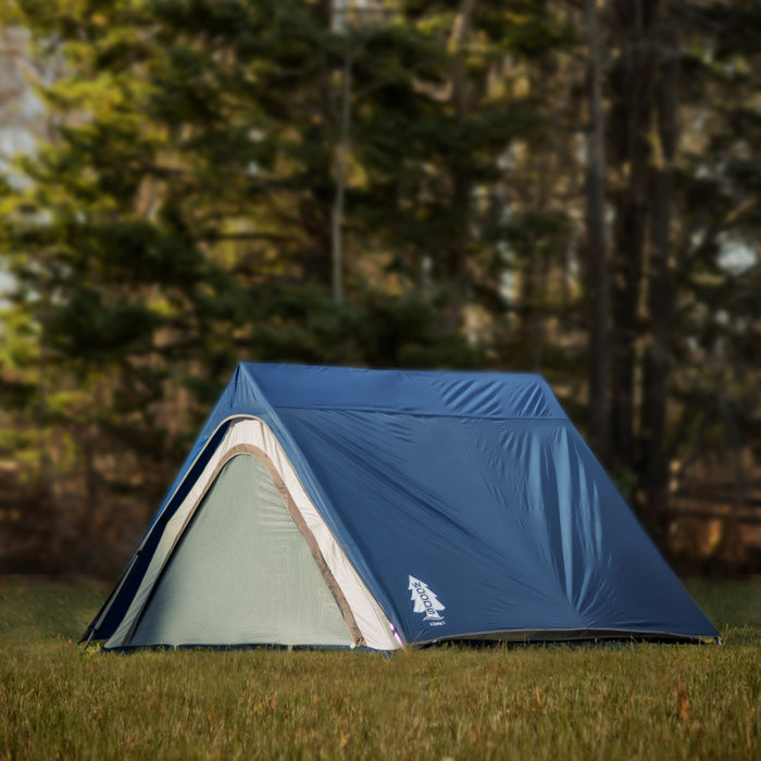 Fully built Woods A-frame 3-person 3-season tent in Blue on grass