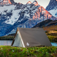Load image into Gallery viewer, Fully built Woods A-Frame 3-Person 3-Season Tent in Brown by the mountains