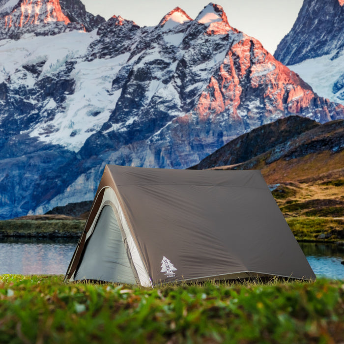 Fully built Woods A-Frame 3-Person 3-Season Tent in Brown by the mountains