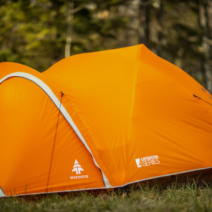Close up side view of a fully built Woods Pinnacle Lightweight 4-Person 4-Season Tent