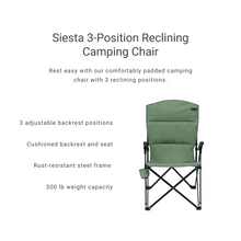 Load image into Gallery viewer, Features of the Woods Siesta Folding Reclining Padded Camping Chair in Sea Spray