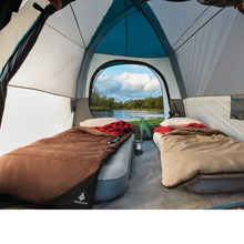 Load image into Gallery viewer, Two Woods Heritage Cotton Flannel Sleeping Bags inside tent overlooking water