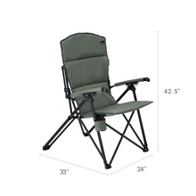 Load image into Gallery viewer, Dimensions of the Woods Siesta Folding Reclining Padded Camping Chair in color Gun Metal