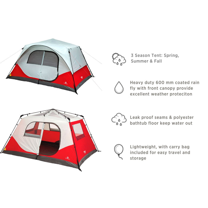 Features of the 8-person cabin tent with and without rainfly in red