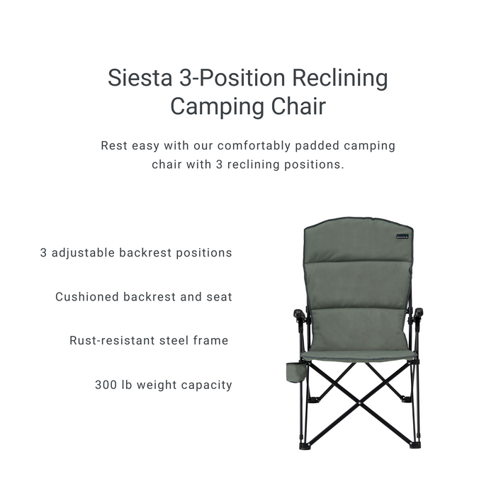 Features of the Woods Siesta Folding Reclining Padded Camping Chair in color Gun Metal