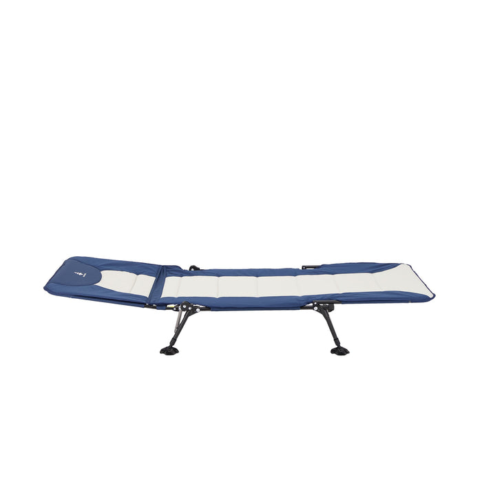 Fully reclined Woods Portable Quick Set-Up Adjustable 2-in-1 Camping Cot in Navy from the right side