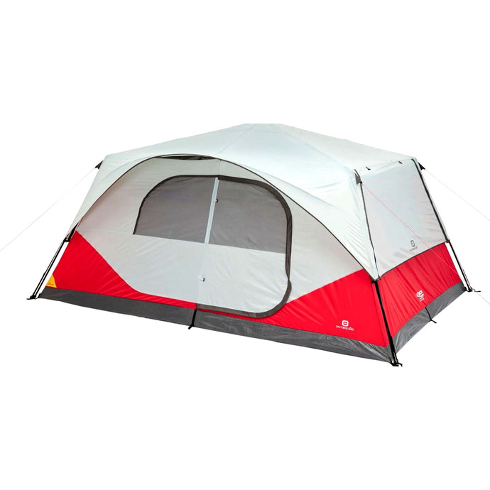 Fully built 10-person instant pop-up tent in red
