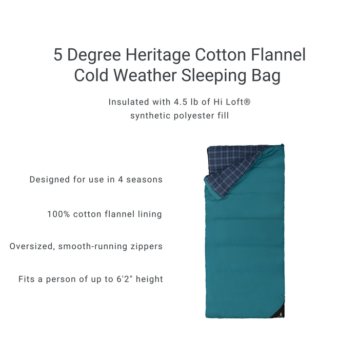 Features of the Woods Heritage Cotton Flannel Cold Weather Sleeping Bag in Blue