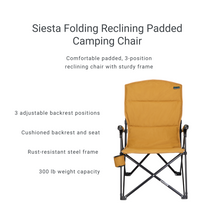 Load image into Gallery viewer, Features of the Woods Siesta Folding Reclining Padded Camping Chair in Dijon