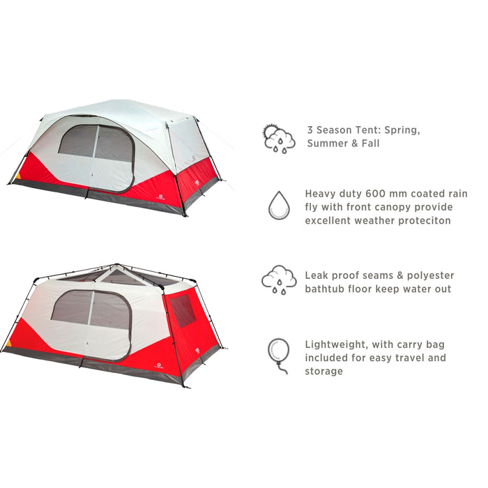 Features of the 10-Person Pop-up Cabin Tent with Carry Bag and Rainfly in Red