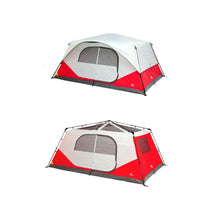 Load image into Gallery viewer, Side by side comparison of the 10-person tent in red with and without rainfly