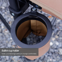 Load image into Gallery viewer, Close up of the cup holder on the Woods Siesta Folding Reclining Padded Camping Chair in Dijon