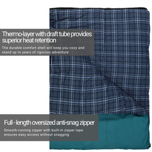 Load image into Gallery viewer, Close up of the opening on the Woods Heritage Cotton Flannel Cold Weather Sleeping Bag in Blue