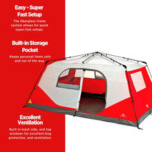 Load image into Gallery viewer, Features of the 10-Person Pop-up Cabin Tent with Carry Bag and Rainfly in Red