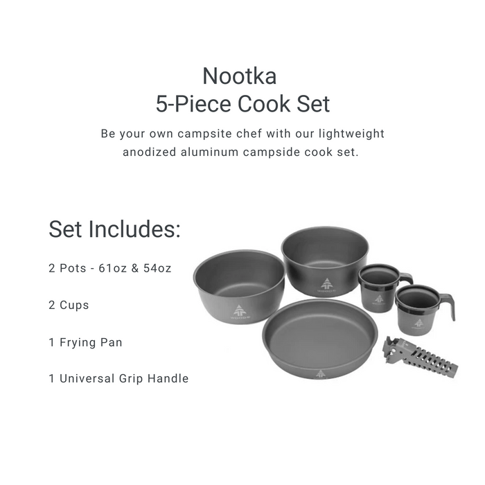 List of what is included in the Woods Nootka Anodized 5-piece Camping Cook Set