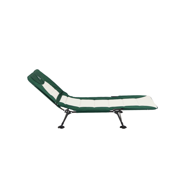 Partially reclined Woods Portable Quick Set-Up Adjustable 2-in-1 Camping Lounger in Green from the right side
