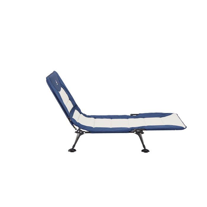 Partially reclined Woods Portable Quick Set-Up Adjustable 2-in-1 Camping Lounger in Navy from the right side
