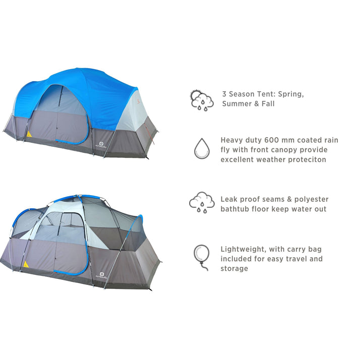 Features of the 8-person lightweight dome tent with and without rainfly in blue