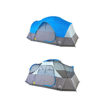 Load image into Gallery viewer, Image comparison of the 8-person lightweight dome tent with and without rainfly in blue