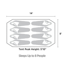 Load image into Gallery viewer, Dimensions of the 8-person lightweight dome tent