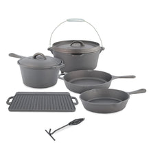 Load image into Gallery viewer, All 8 pieces of the Woods Heritage Cast Iron Camping Cook Set 