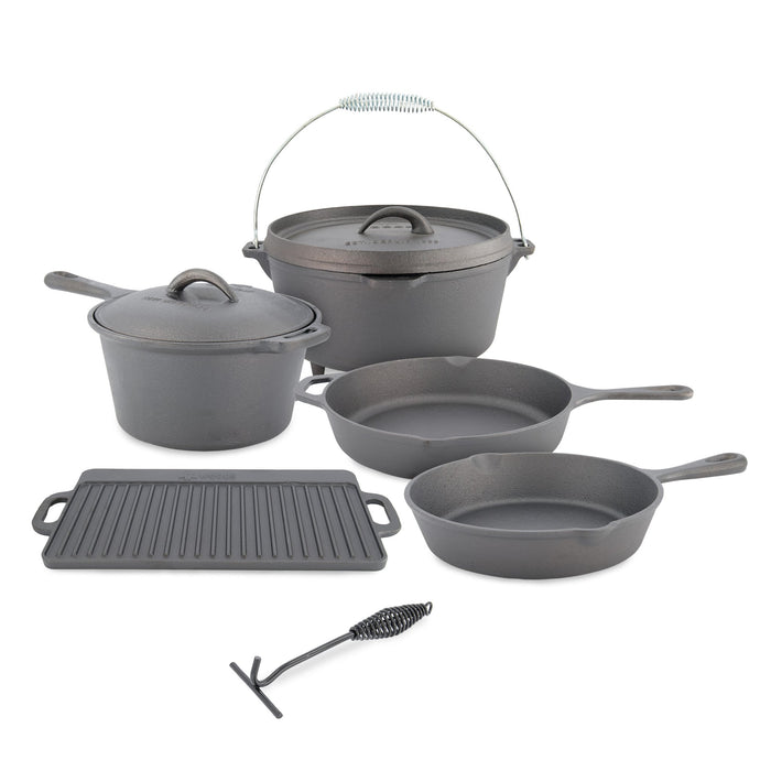 All 8 pieces of the Woods Heritage Cast Iron Camping Cook Set 