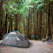 Load image into Gallery viewer, Fully built 8-person lightweight dome tent without rainfly in blue on campground