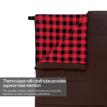 Load image into Gallery viewer, Close up of the opening on the Woods Heritage Cotton Flannel Sleeping Bag in Brown