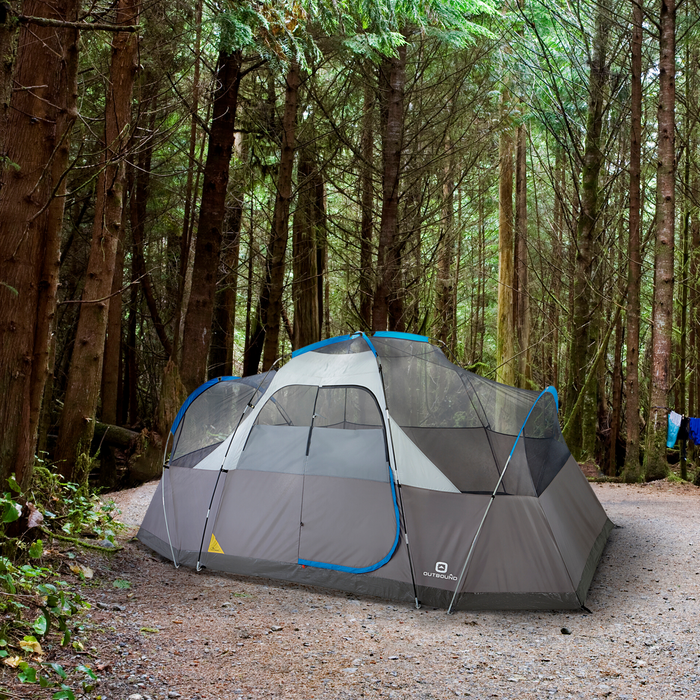 Closeup of the 8-person lightweight dome tent without rainfly in blue on campground