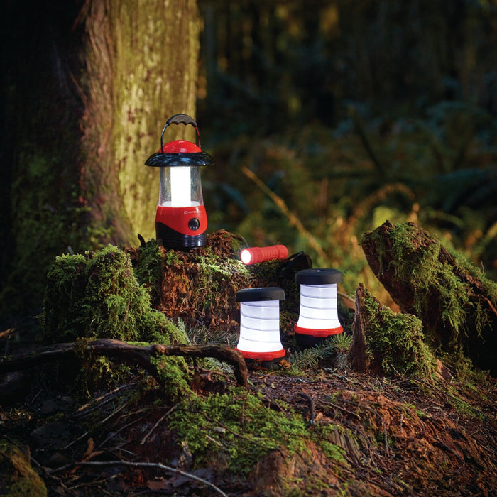 Three LED lanterns and 1 flashlight in red lit in the woods