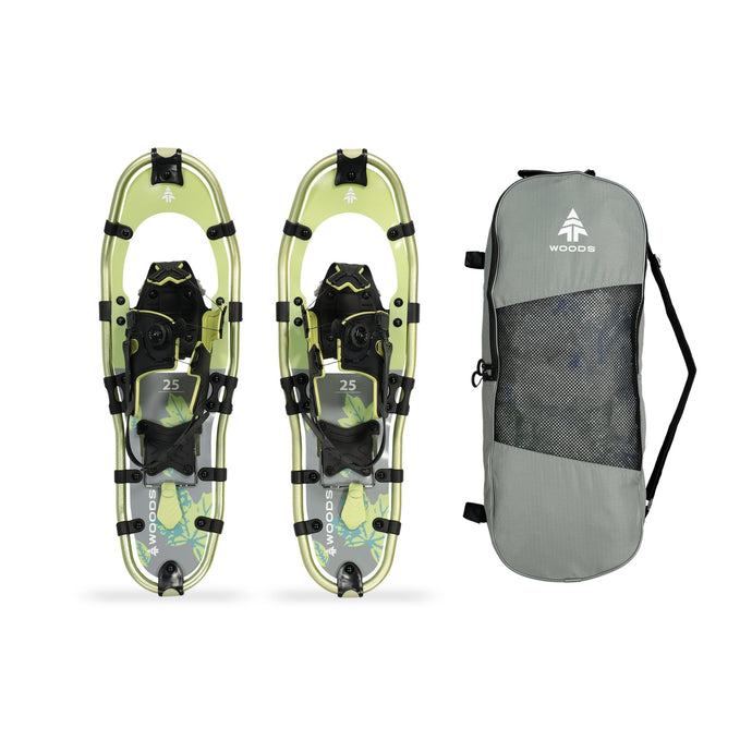 Woods Women's Balsam All-Terrain Snowshoes in 21 inches beside carry bag