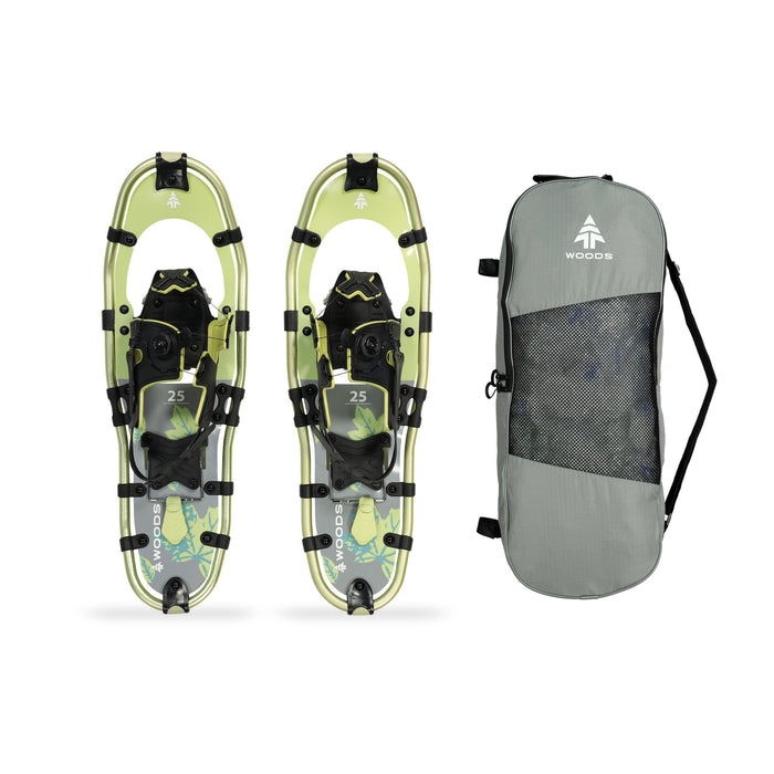 Woods Women's Balsam All-Terrain Snowshoes in 25 inches beside carry bag