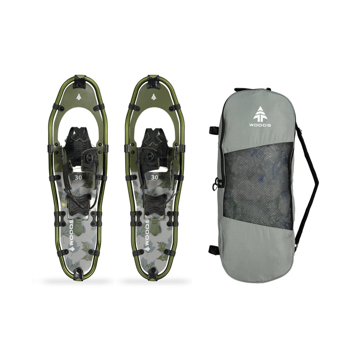 Woods Men's Sycamore All-Terrain Lightweight Snowshoes in 25 inches next to carry bag