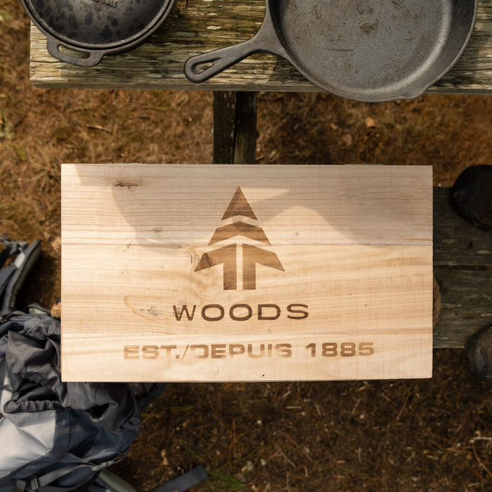 Top view of the crate that holds the Woods Heritage Cast Iron Cook Set