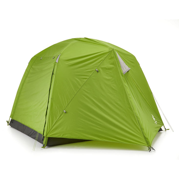 Fully built Woods Lookout Lightweight 4-Person 3-Season Tent with rainfly and vestibule from left side