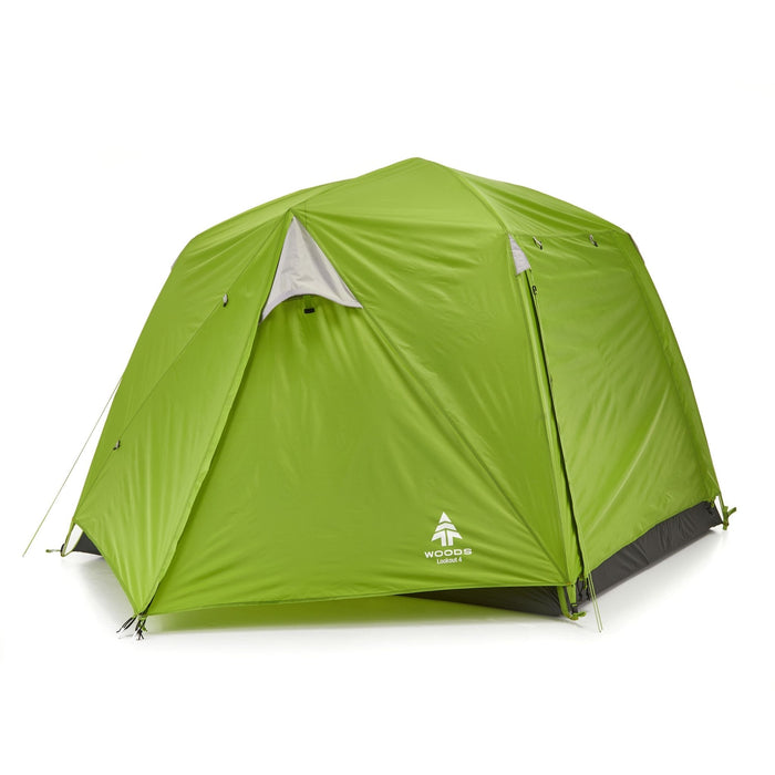 Fully built Woods Lookout Lightweight 4-Person 3-Season Tent with rainfly and vestibule from right side