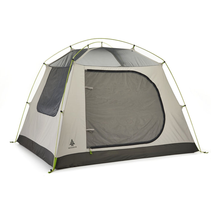 Fully built Woods Lookout Lightweight 4-Person 3-Season Tent without rainfly from left side