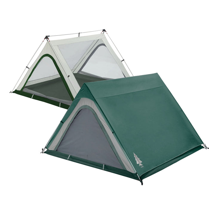 Fully built Woods A-Frame 3-Person 3-Season Tent in Green with and without rainfly