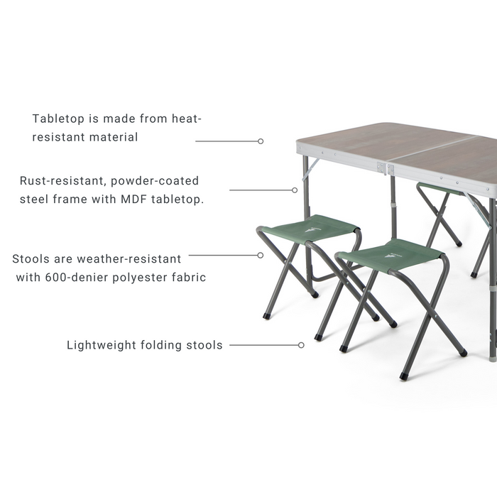 Features of the Woods Folding Portable Camping Table with 4 Camping Chairs