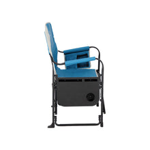 Load image into Gallery viewer, Woods Folding Directors Camping Chair with Table collapsed in Blue from the side