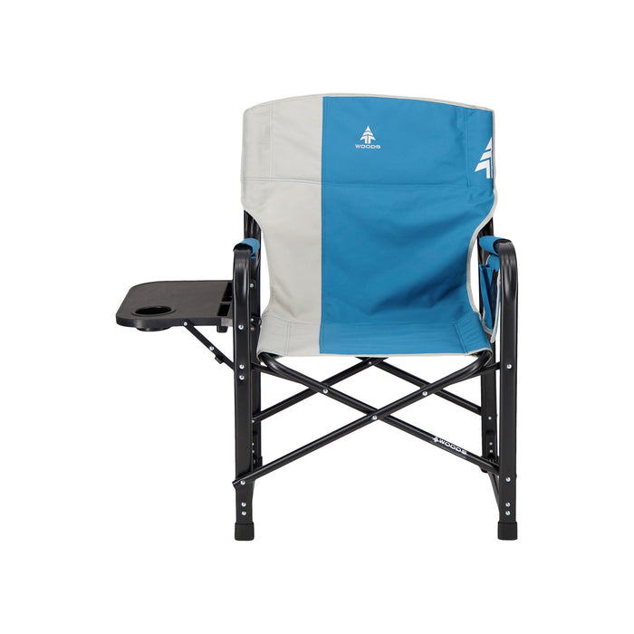 Woods Folding Directors Camping Chair with Table in Blue from the front