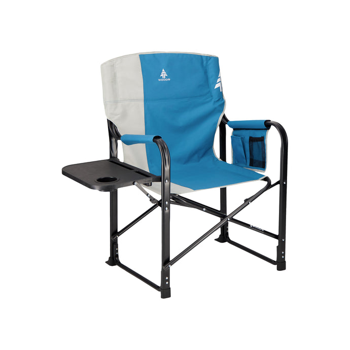 Woods Folding Directors Camping Chair with Table in Blue angled to the right