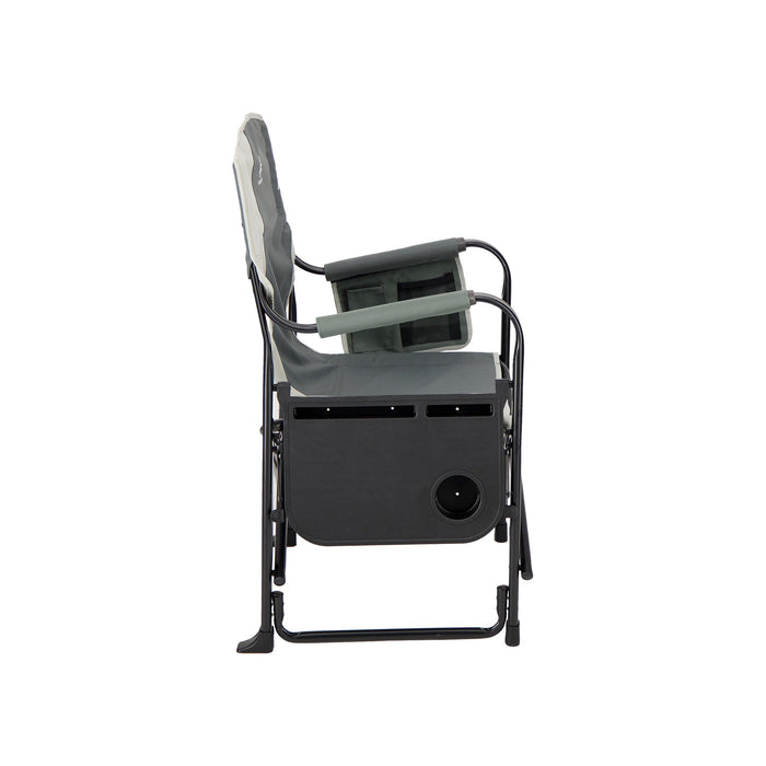 Woods Folding Directors Camping Chair with Table collapsed in the color Gun Metal from the side